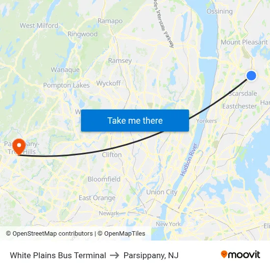 White Plains Bus Terminal to Parsippany, NJ map