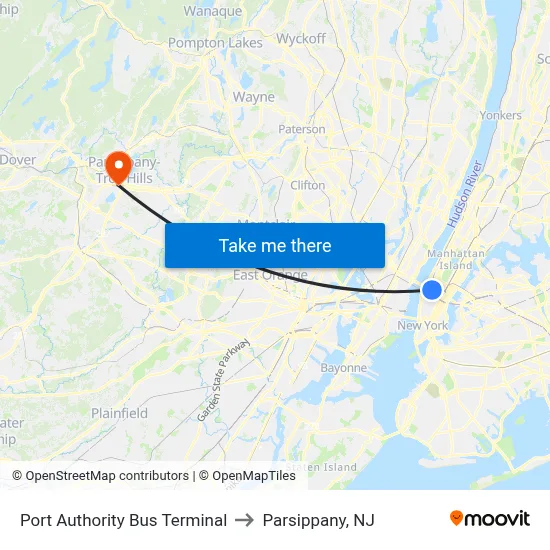Port Authority Bus Terminal to Parsippany, NJ map