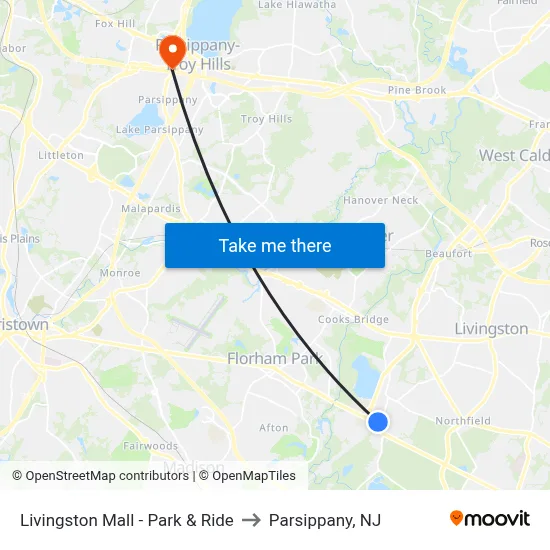 Livingston Mall - Park & Ride to Parsippany, NJ map