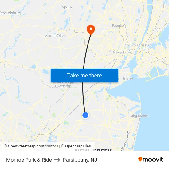 Monroe Park & Ride to Parsippany, NJ map