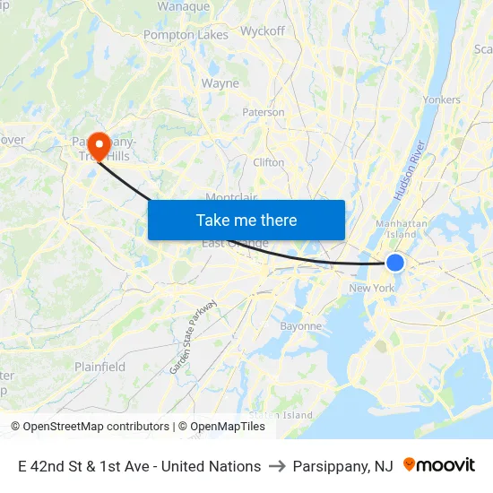 E 42nd St & 1st Ave - United Nations to Parsippany, NJ map