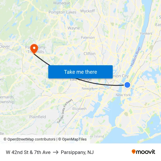 W 42nd St & 7th Ave to Parsippany, NJ map
