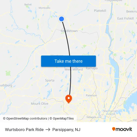 Wurtsboro Park Ride to Parsippany, NJ map