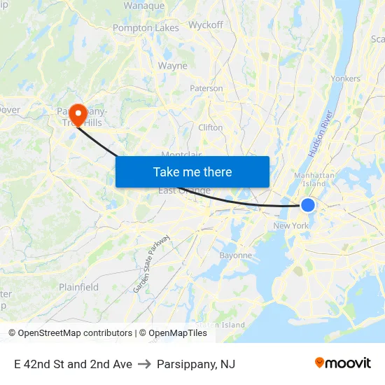 E 42nd St and 2nd Ave to Parsippany, NJ map