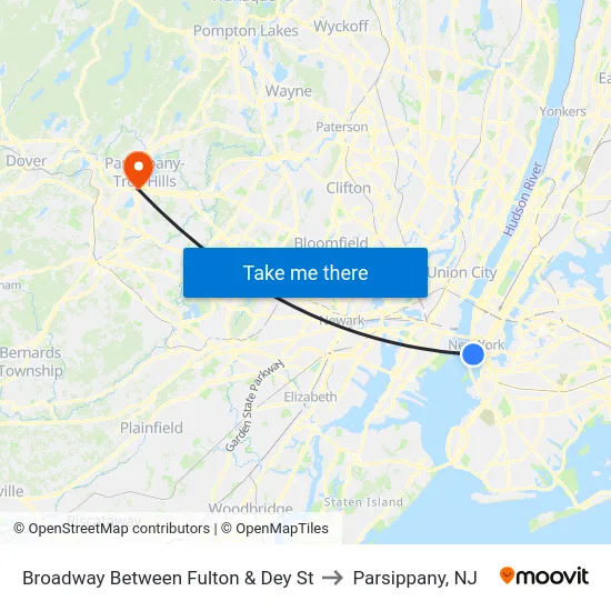 Broadway Between Fulton & Dey St to Parsippany, NJ map