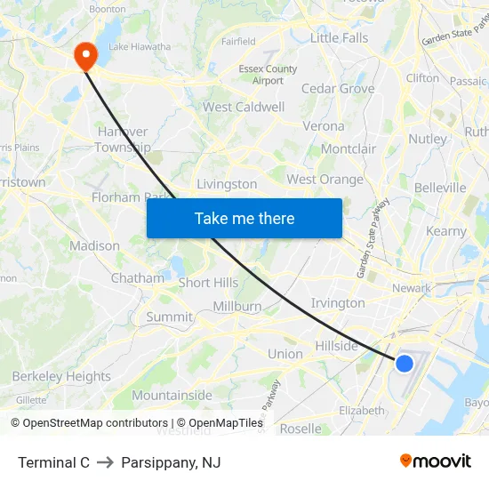 Terminal C to Parsippany, NJ map