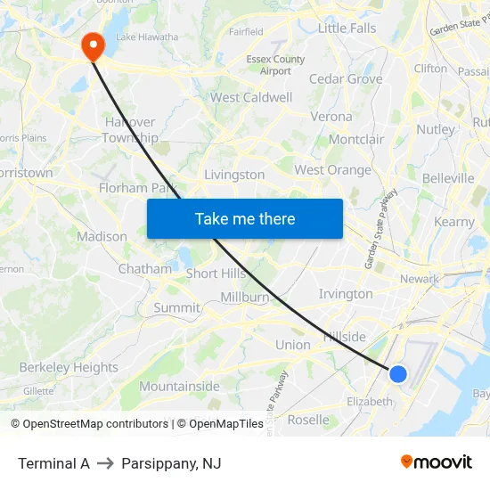 Terminal A to Parsippany, NJ map