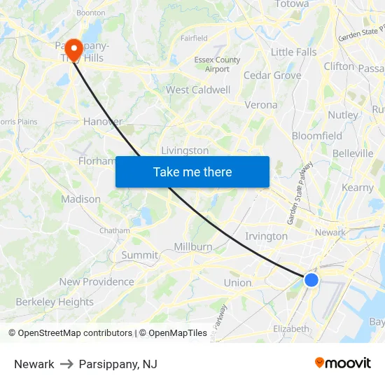 Newark to Parsippany, NJ map