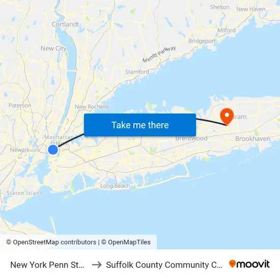 New York Penn Station to Suffolk County Community College map