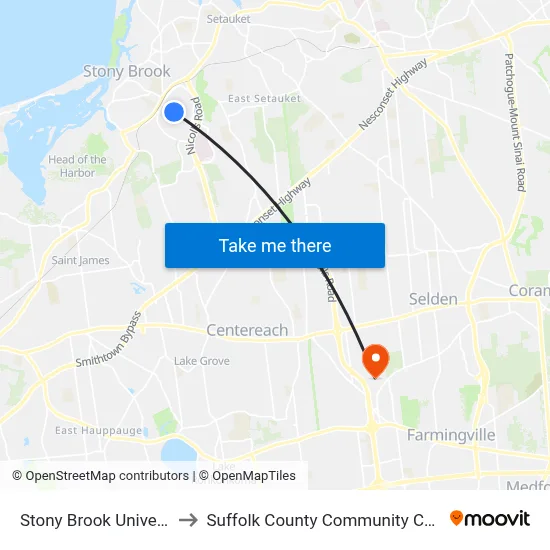 Stony Brook University to Suffolk County Community College map