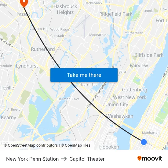 New York Penn Station to Capitol Theater map