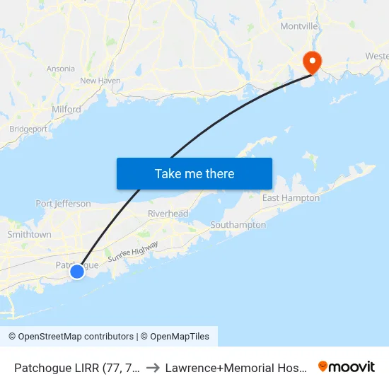 Patchogue LIRR (77, 77y) to Lawrence+Memorial Hospital map