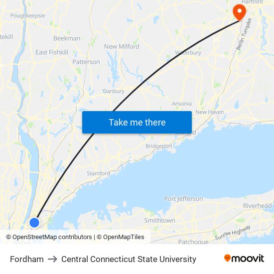Fordham to Central Connecticut State University map