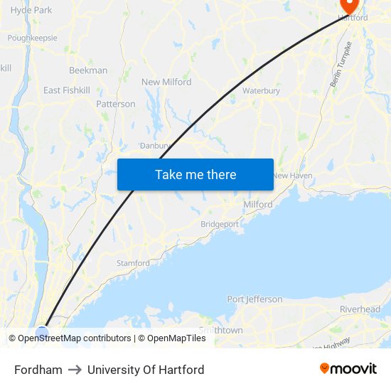 Fordham to University Of Hartford map