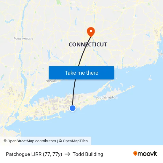 Patchogue LIRR (77, 77y) to Todd Building map