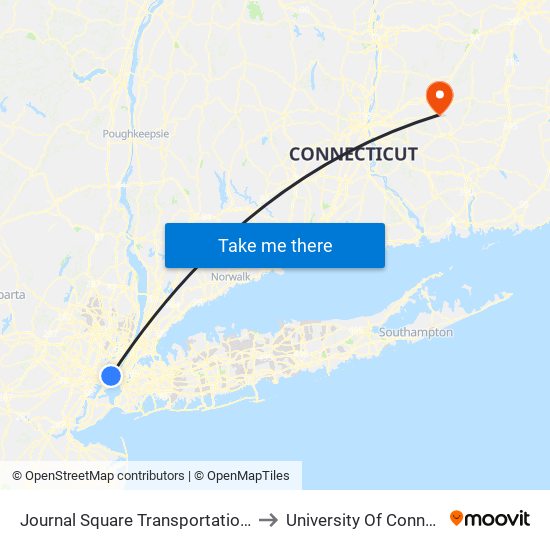 Journal Square Transportation Center to University Of Connecticut map