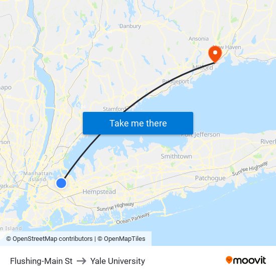 Flushing-Main St to Yale University map