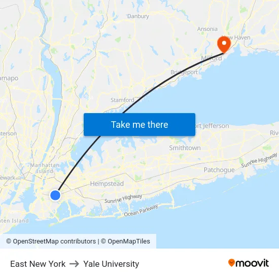 East New York to Yale University map