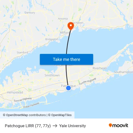 Patchogue LIRR (77, 77y) to Yale University map