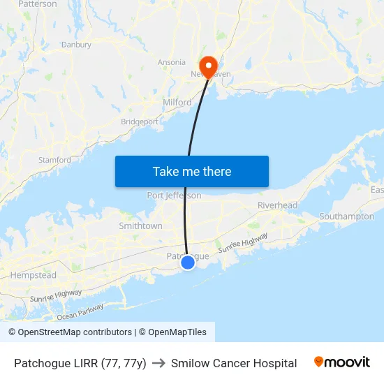 Patchogue LIRR (77, 77y) to Smilow Cancer Hospital map