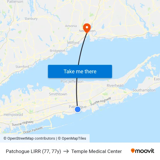 Patchogue LIRR (77, 77y) to Temple Medical Center map