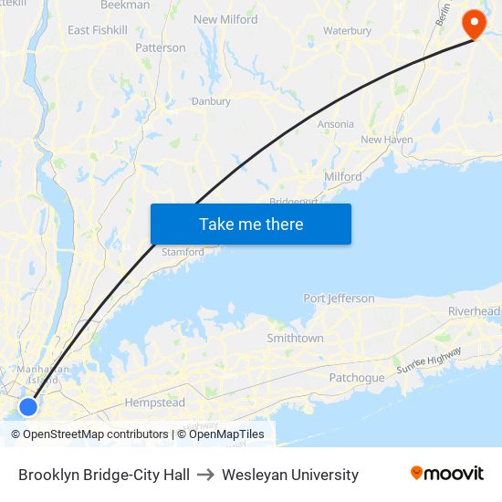Brooklyn Bridge-City Hall to Wesleyan University map
