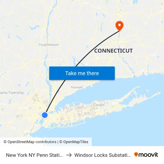 New York NY Penn Station to Windsor Locks Substation map