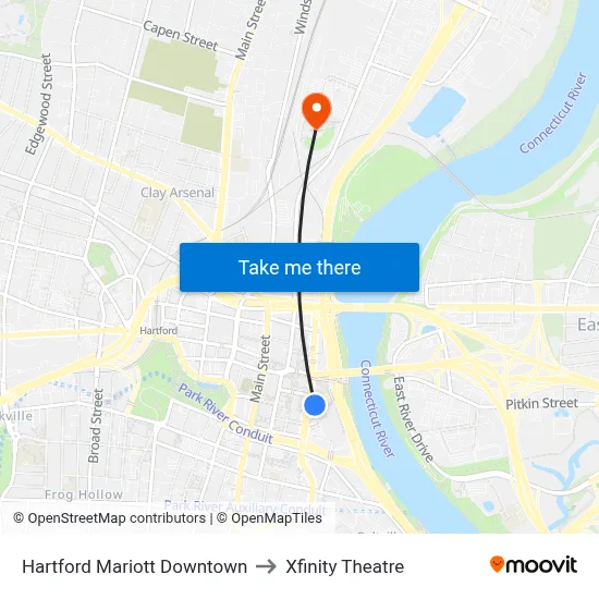 Hartford Mariott Downtown to Xfinity Theatre map
