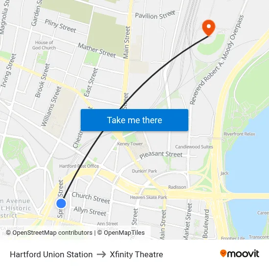 Hartford Union Station to Xfinity Theatre map