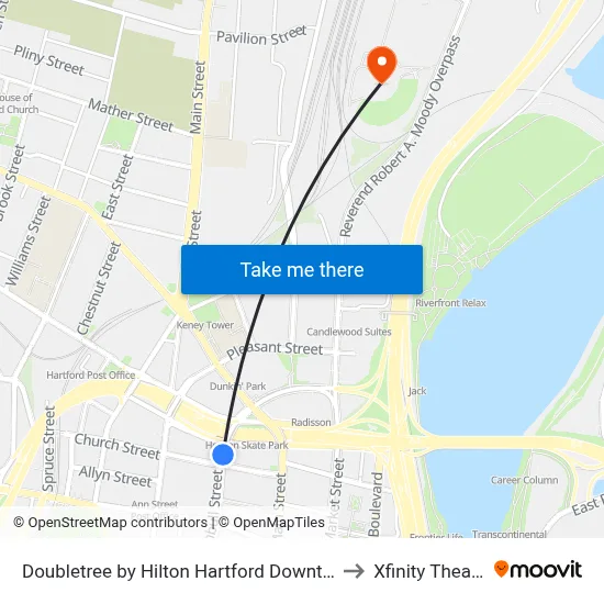 Doubletree by Hilton Hartford Downtown to Xfinity Theatre map