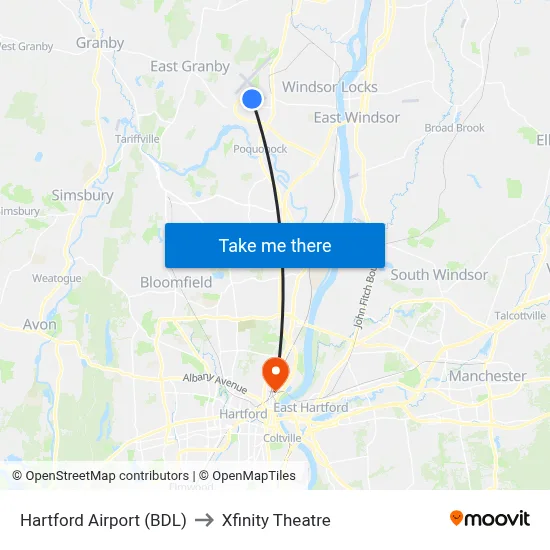 Hartford Airport (BDL) to Xfinity Theatre map