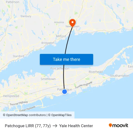 Patchogue LIRR (77, 77y) to Yale Health Center map