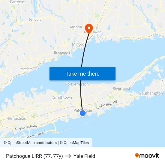 Patchogue LIRR (77, 77y) to Yale Field map