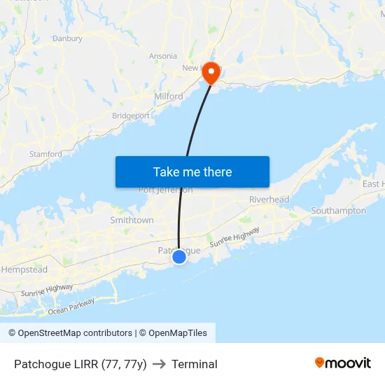 Patchogue LIRR (77, 77y) to Terminal map