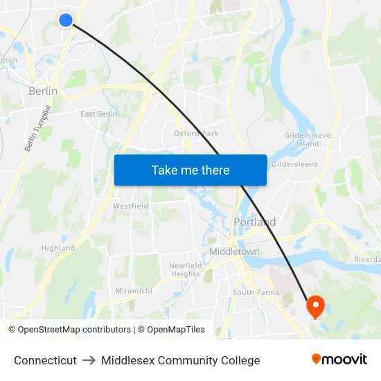 Connecticut to Middlesex Community College map