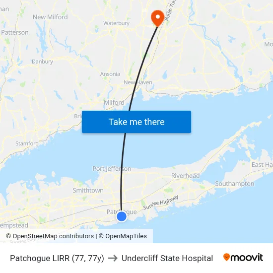 Patchogue LIRR (77, 77y) to Undercliff State Hospital map
