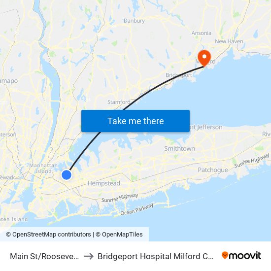 Main St/Roosevelt Av to Bridgeport Hospital Milford Campus map