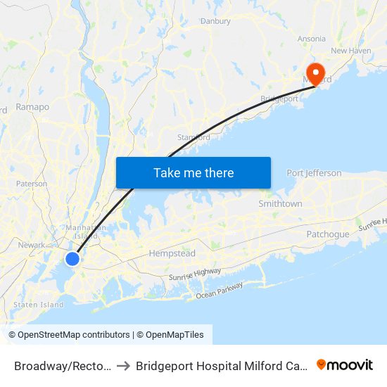 Broadway/Rector St to Bridgeport Hospital Milford Campus map