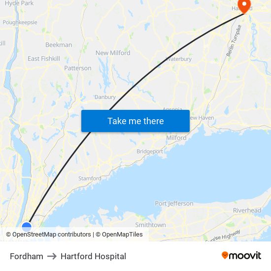 Fordham to Hartford Hospital map
