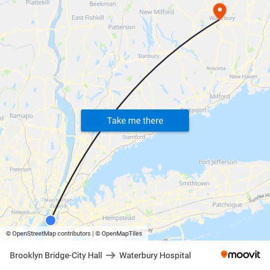Brooklyn Bridge-City Hall to Waterbury Hospital map