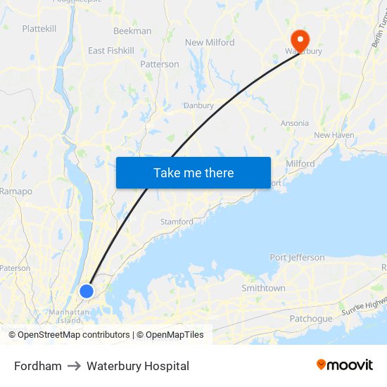 Fordham to Waterbury Hospital map