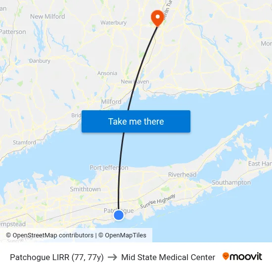 Patchogue LIRR (77, 77y) to Mid State Medical Center map