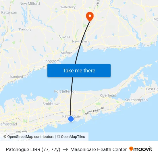 Patchogue LIRR (77, 77y) to Masonicare Health Center map