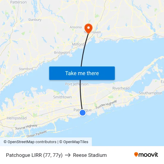 Patchogue LIRR (77, 77y) to Reese Stadium map