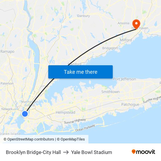Brooklyn Bridge-City Hall to Yale Bowl Stadium map