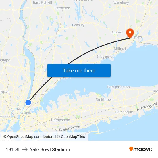 181 St to Yale Bowl Stadium map