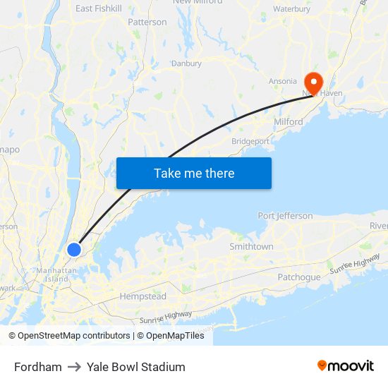 Fordham to Yale Bowl Stadium map