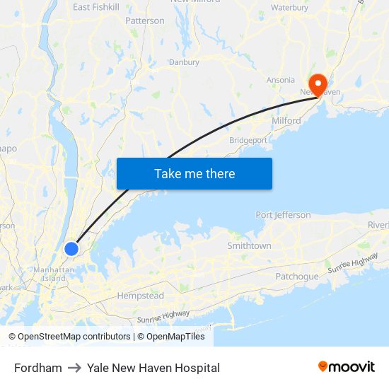 Fordham to Yale New Haven Hospital map