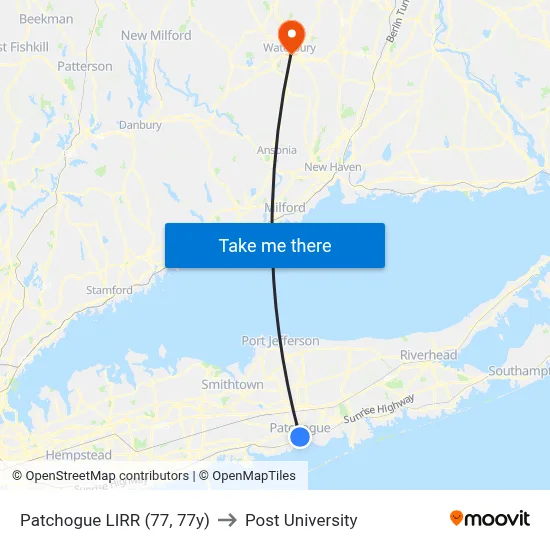 Patchogue LIRR (77, 77y) to Post University map