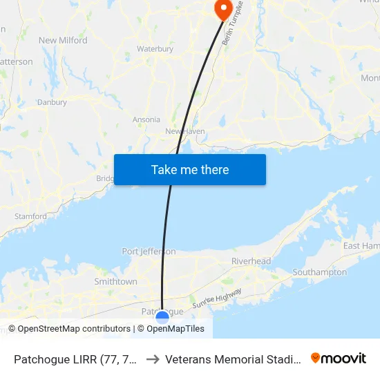 Patchogue LIRR (77, 77y) to Veterans Memorial Stadium map